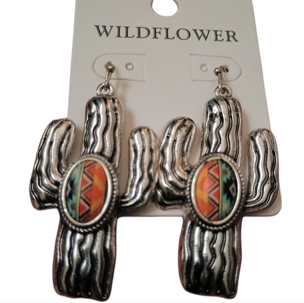 WILDFLOWER Silver Cactus Earrings with Colorful Accents - Picture 2 of 3